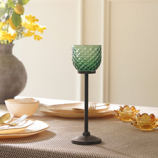 Green Diamond Texture Candle Holder with Stand - Small
