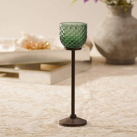 Green Diamond Texture Candle Holder with Stand - Large