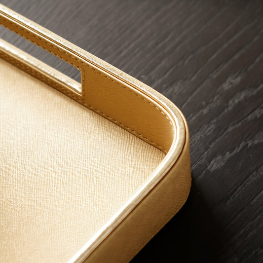 Gold Faux Leather Round Edge Rectangular Tray