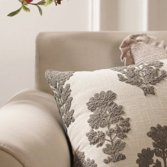 Cream Grey Embroidered Square Cushion Cover
