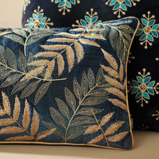 Navy Embroidered Velvet Rectangle Cushion Cover