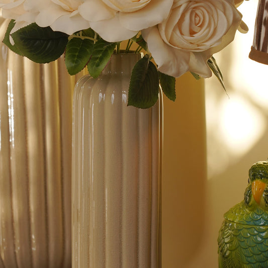 Beige Ribbed Ceramic Vase - Medium