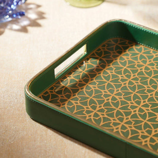 Green Printed Glass Rectangle Faux Leather Tray