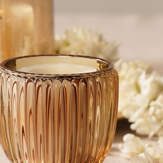Set of 2 Gold Glass Ribbed Tealight Holders - Large