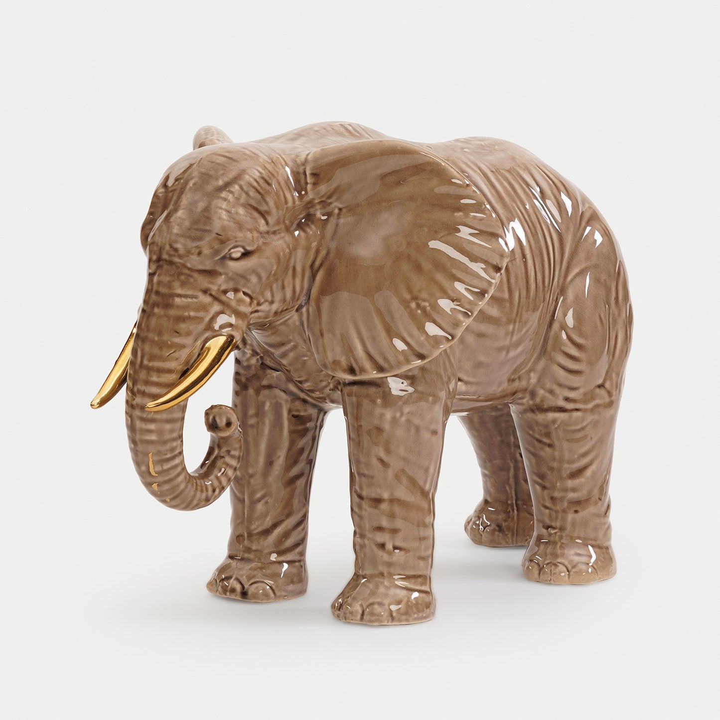 Beige Polyresin Walking Elephant with Gold Tusks - Large