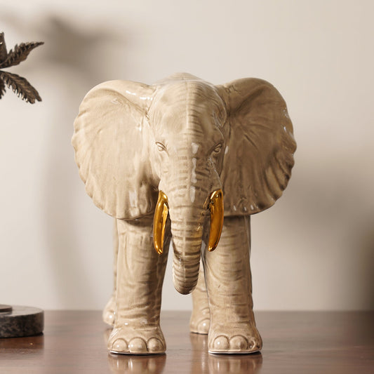 Beige Polyresin Walking Elephant with Gold Tusks - Small