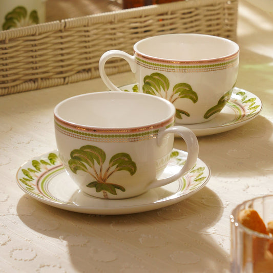 Set of 2 Ivory Printed Soleno Bone China Tea Cup and Saucer