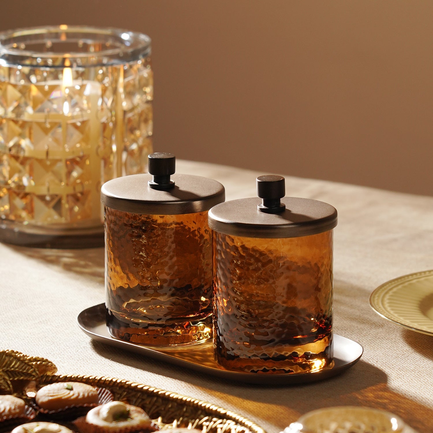 amber　2枚 Pure Home + Living】 Set of 2 Amber Hammered Condiment Jars with