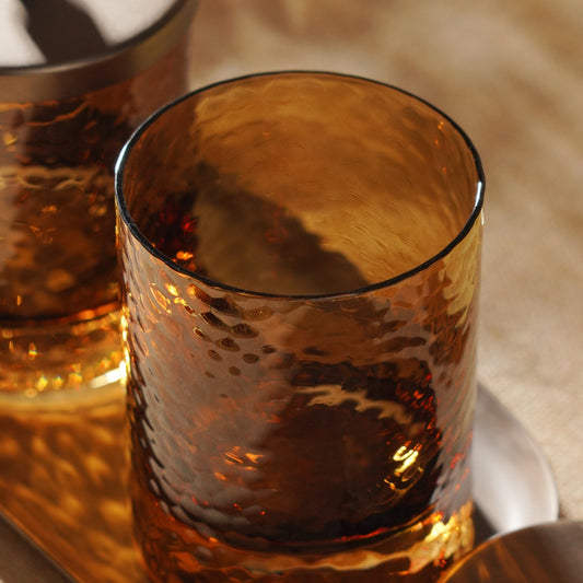 Set of 2 Amber Hammered Condiment Jars with Tray - Large