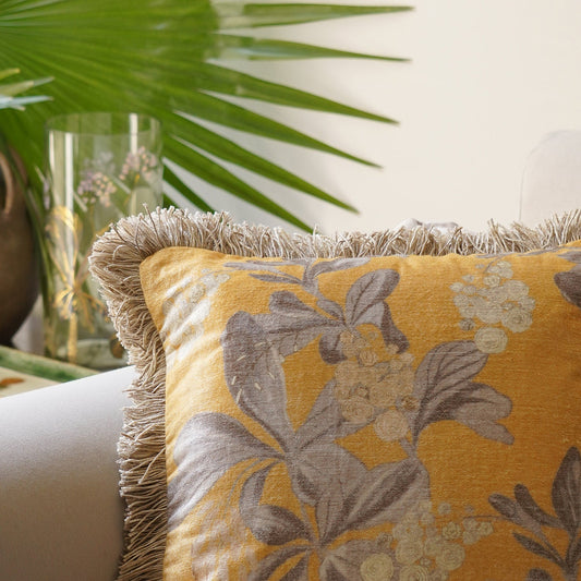 Yellow Fringed Printed Cushion Cover