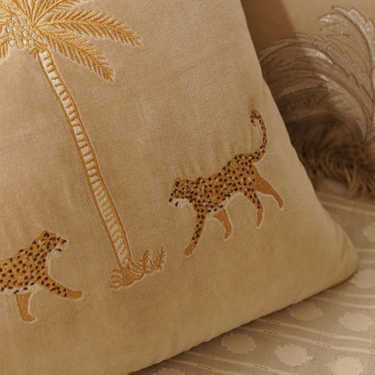 Beige Leopard Motif Embroidered Velvet Cushion Cover