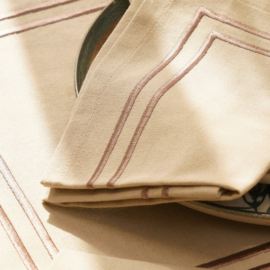 Set of 4 Beige Cotton Napkins with Contrast Embroidery