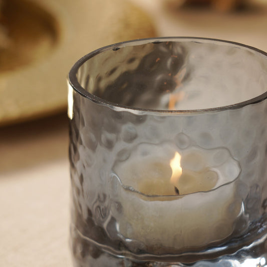 Set of 2 Grey Textured Glass Tealight Candle Holders