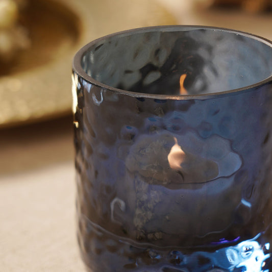 Set of 2 Blue Textured Glass Tealight Candle Holders