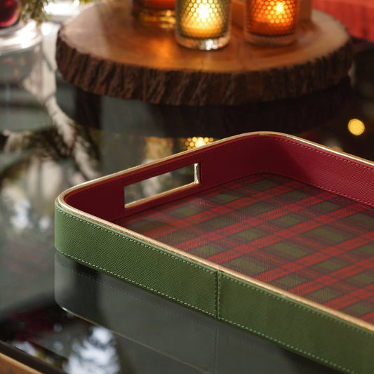 Red Green Plaid Faux Leather Rectangular Serving Tray