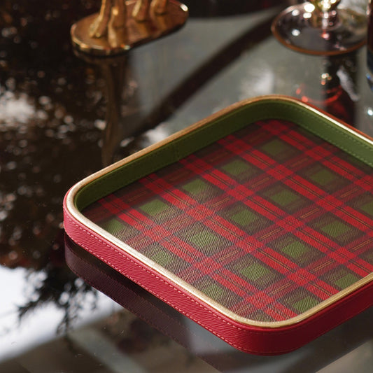 Red Green Plaid Faux Leather Square Platter - Small