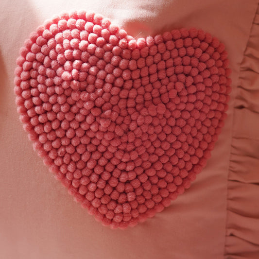 Pink Heart Applique Ruffled Cotton Cushion Cover