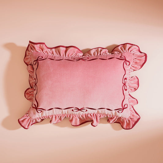 Pink Bow Applique Ruffled Cushion Cover