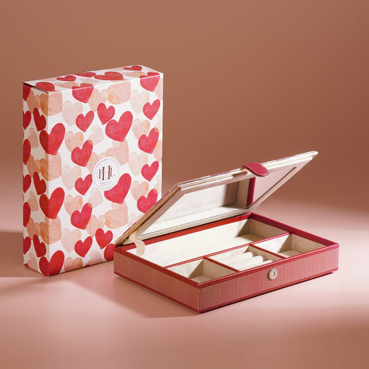 Pink Heart Print Faux Leather Jewellery Box