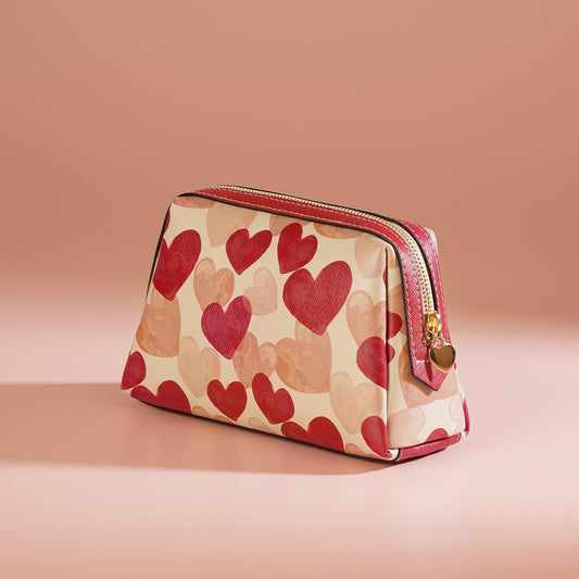 Pink Heart Print Faux Leather Vanity Pouch - Small