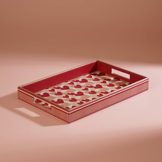 Pink Big Heart Print Faux Leather Rectangular Tray
