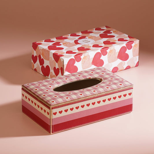 Pink Red Heart Print Faux Leather Tissue Box