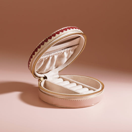 Pink Heart Print Faux Leather Round Jewellery Box