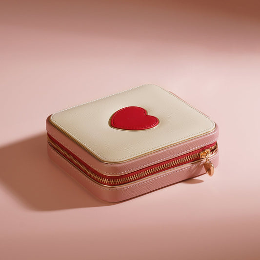 Beige Red Heart Faux Leather Jewellery Box - Small