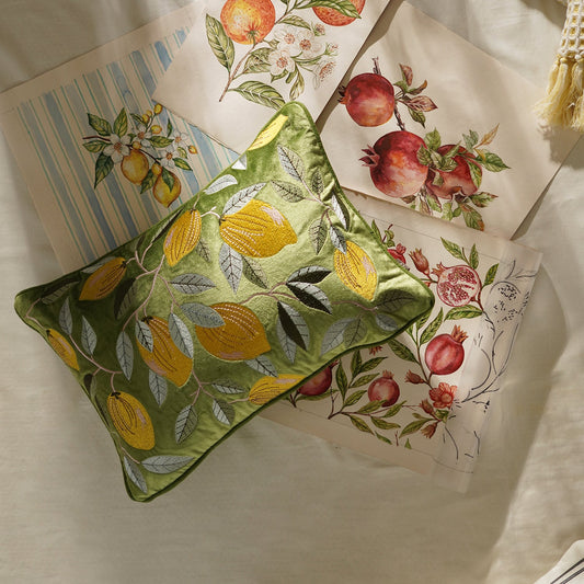 Green Lemon Embroidered Velvet Cushion Cover