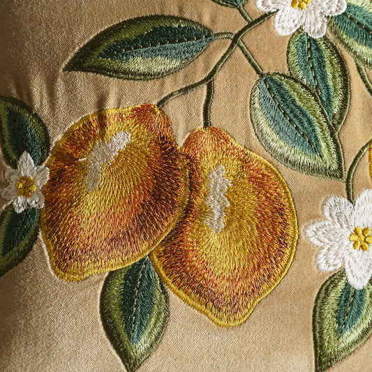 Beige Lemon Embroidery Velvet Cushion Cover