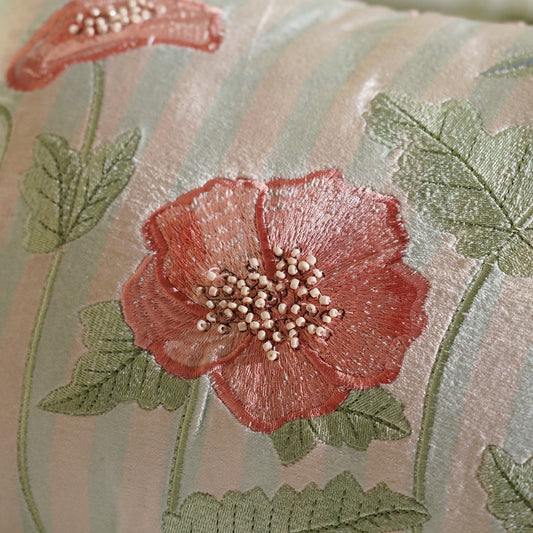 Blue Striped & Floral Embroidered Cushion Cover