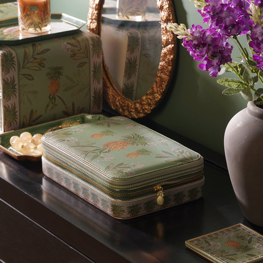 Green Pineapple Print Rectangle Faux Leather Travel Jewellery Box