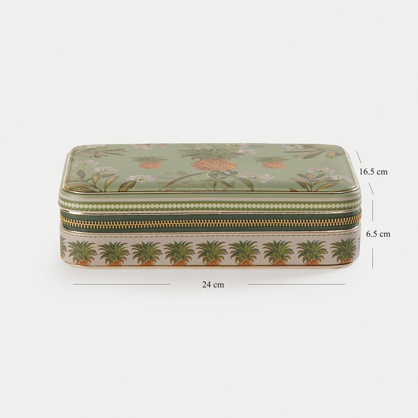 Green Pineapple Print Rectangle Faux Leather Travel Jewellery Box