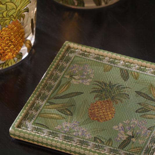 Set of 4 Green Pineapple Print Faux Leather Coasters