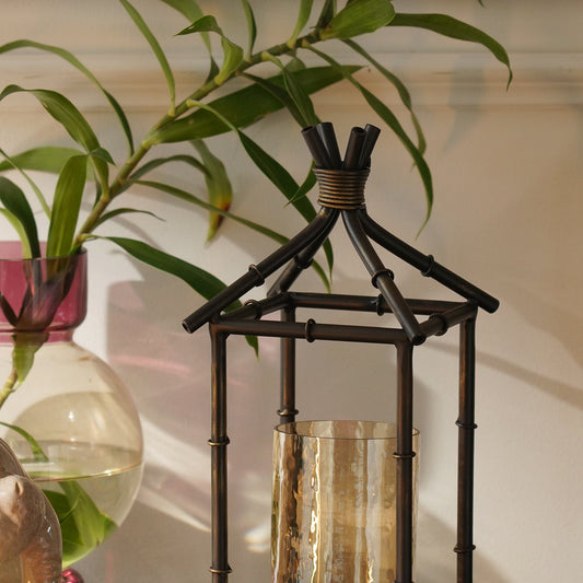 Antique Black Hut Shaped Lantern with Glass Candleholder - Small