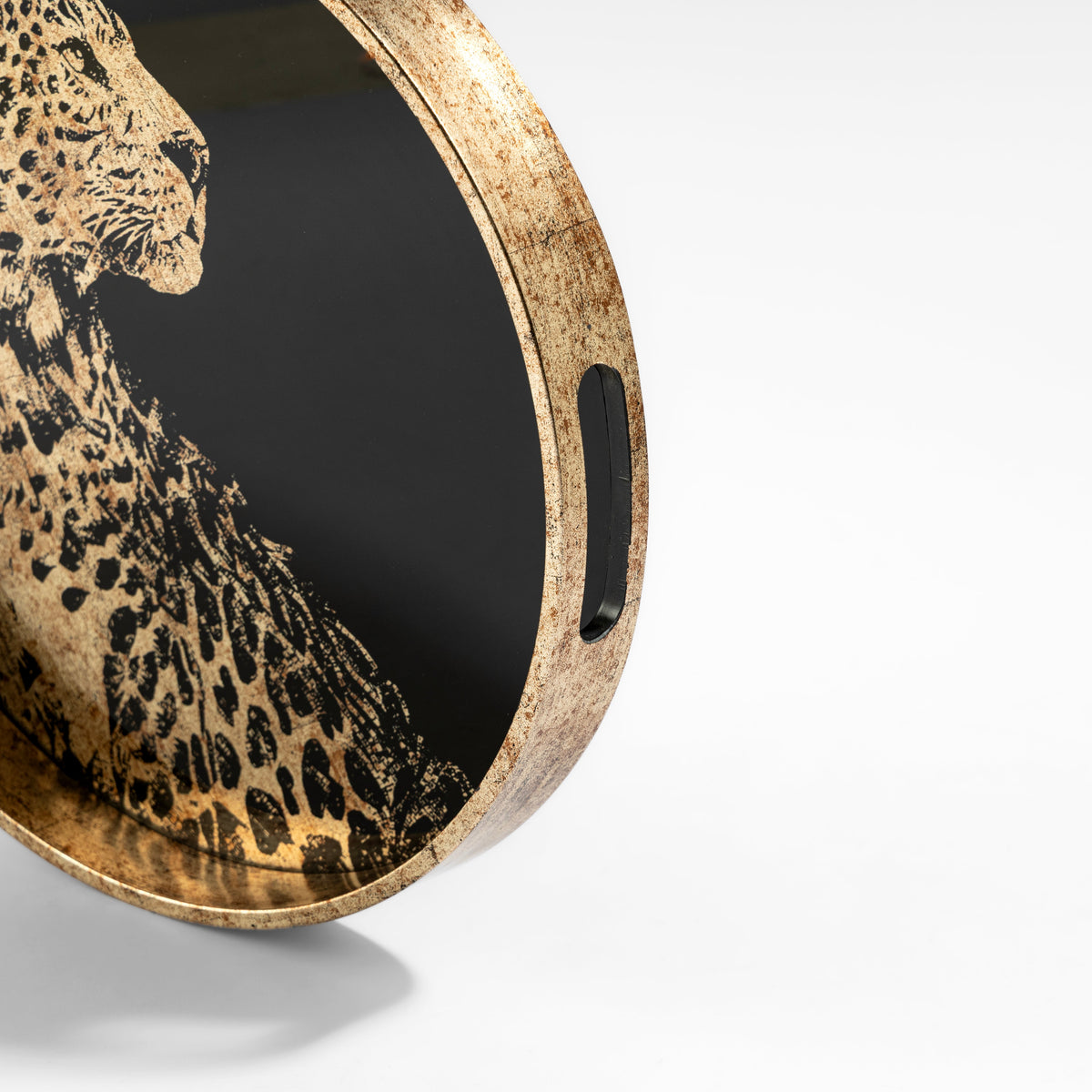 【Pure Home + Living】 Gold & Black Leopard Print Round Tray - Large|ゴールド&ブラック レオパード柄 丸型トレイ(L)|35.5×35.5×4cm