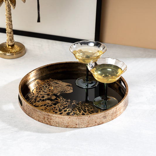 【Pure Home + Living】 Gold & Black Leopard Print Round Tray - Large|ゴールド&ブラック レオパード柄 丸型トレイ(L)|35.5×35.5×4cm