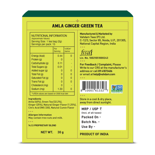 【VAHDAM】 Amla Ginger Green Tea - 15 Count|アムラ ジンジャー グリーンティー|15 Count