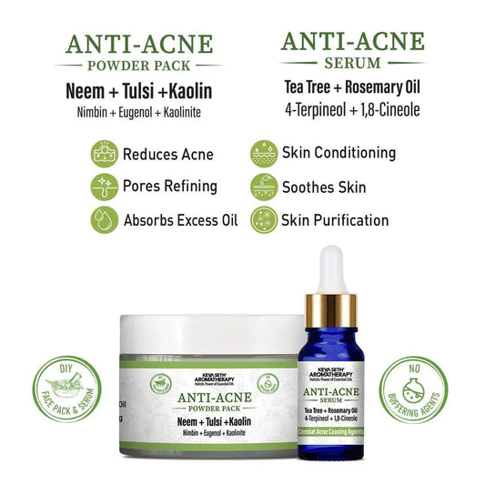 Anti Acne Powder Pack & Serum Facial Kit, Neem Tulsi Kaolin Tea Tree & Rosemary,Absords Excess Oil,Pore Refining,Soothes 100g
