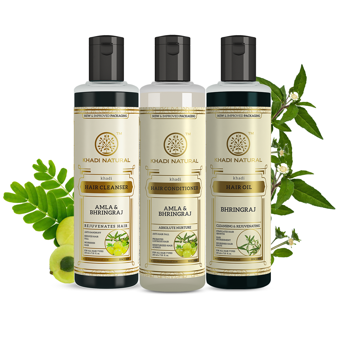 Amla & Bhringraj Hair Care Cleanser, Conditioner & Oil – SLS & Paraben Free Combo Pack of 3 210ml Each