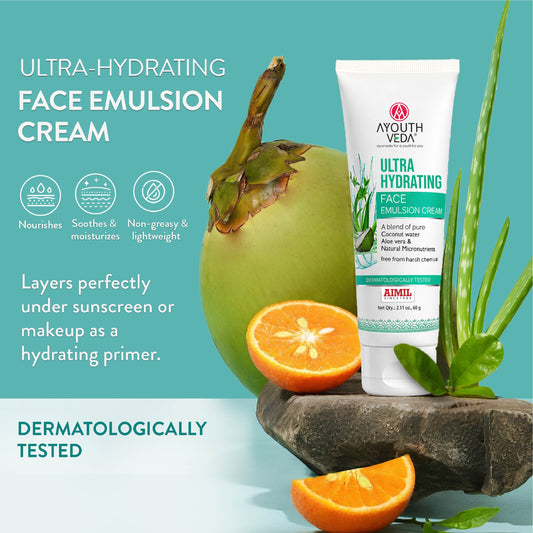 【Ayouthveda】 Ultra Hydrating Face Emulsion Cream | Nature’s Goodness for 24 hours Hydration | Moisturizes, Tones, and Brightens Skin | With Coconut Water|ウルトラ ハイドレーティング フェイス エマルジョン クリーム|60g