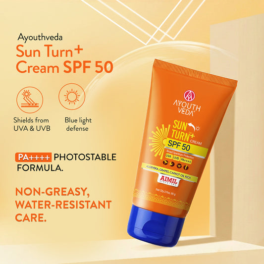 【Ayouthveda】 Sun Turn+ Cream SPF 50 with Hyaluronic Acid for Broad Spectrum UV Protection Net qty.- 60 g|サンターン プラス クリーム SPF50|60g
