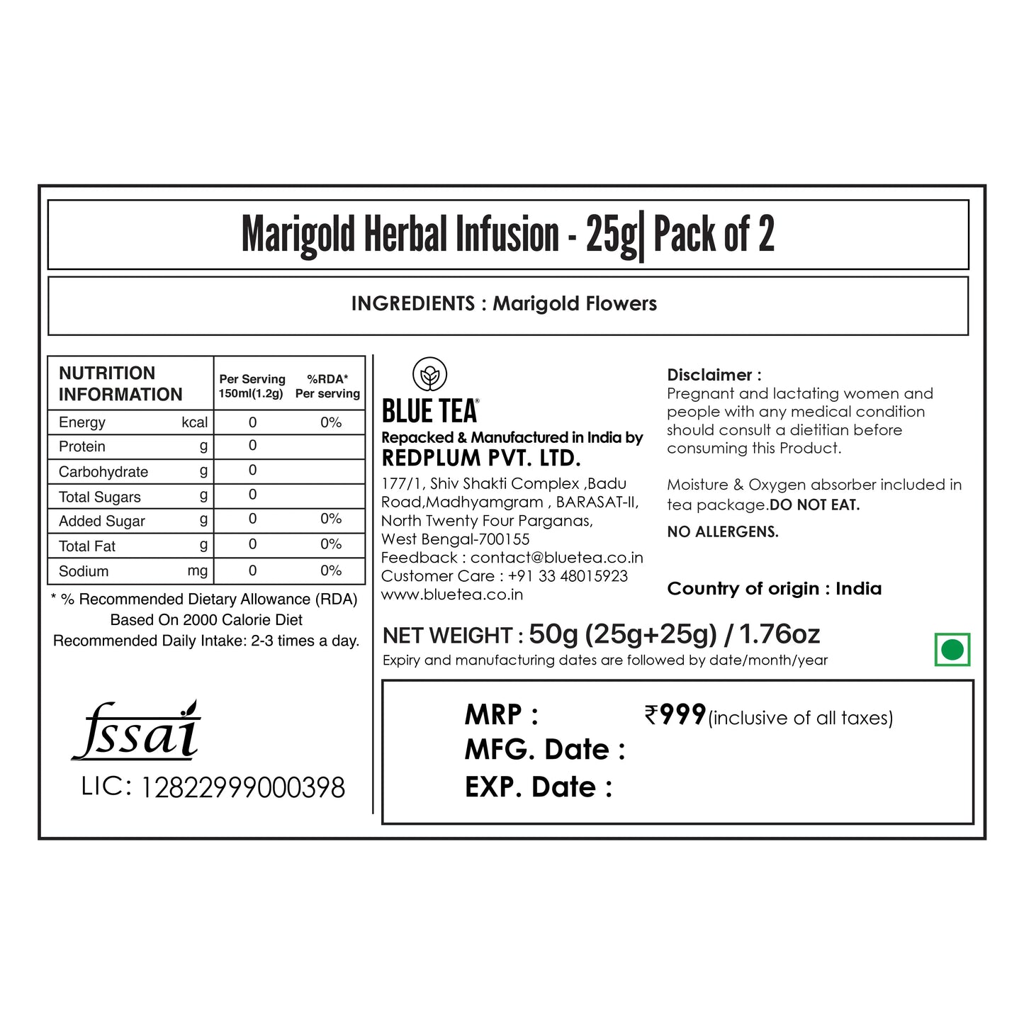 Marigold Herbal Tea - 25g| Pack of 2 25G