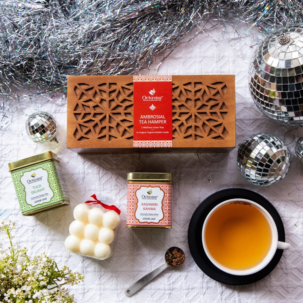 Ambrosial Tea Hamper (2 Wellness Teas & Organic Bubble candle) 1130g