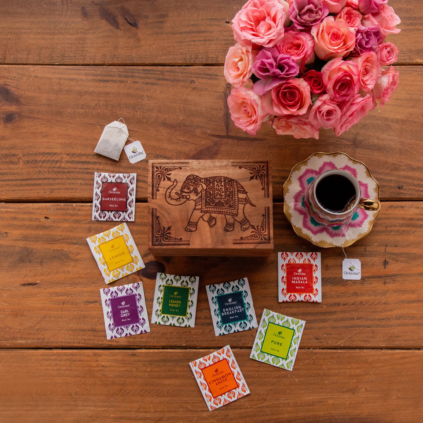 Tea Explorers’ Collection in Imperial Elephant Wooden Caddy (50 Enveloped Teabags) 50 Tea Bags