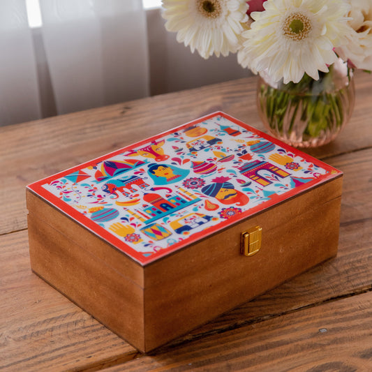 Assortment of Fine Teas - 90 Black & Green Teabags in Handcrafted Wooden Box with Traditional Indian Vibrant Desi Print 2g