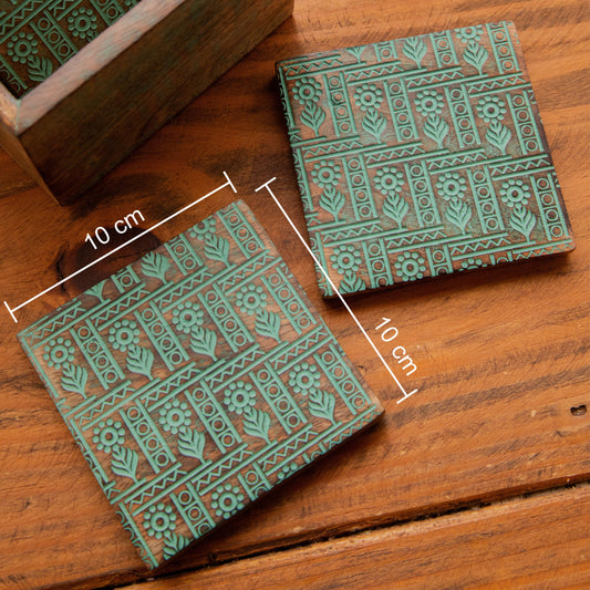 Tribal Motif Sesham Wood Coasters with Holder– Handcrafted Set of 6 Pack of 6