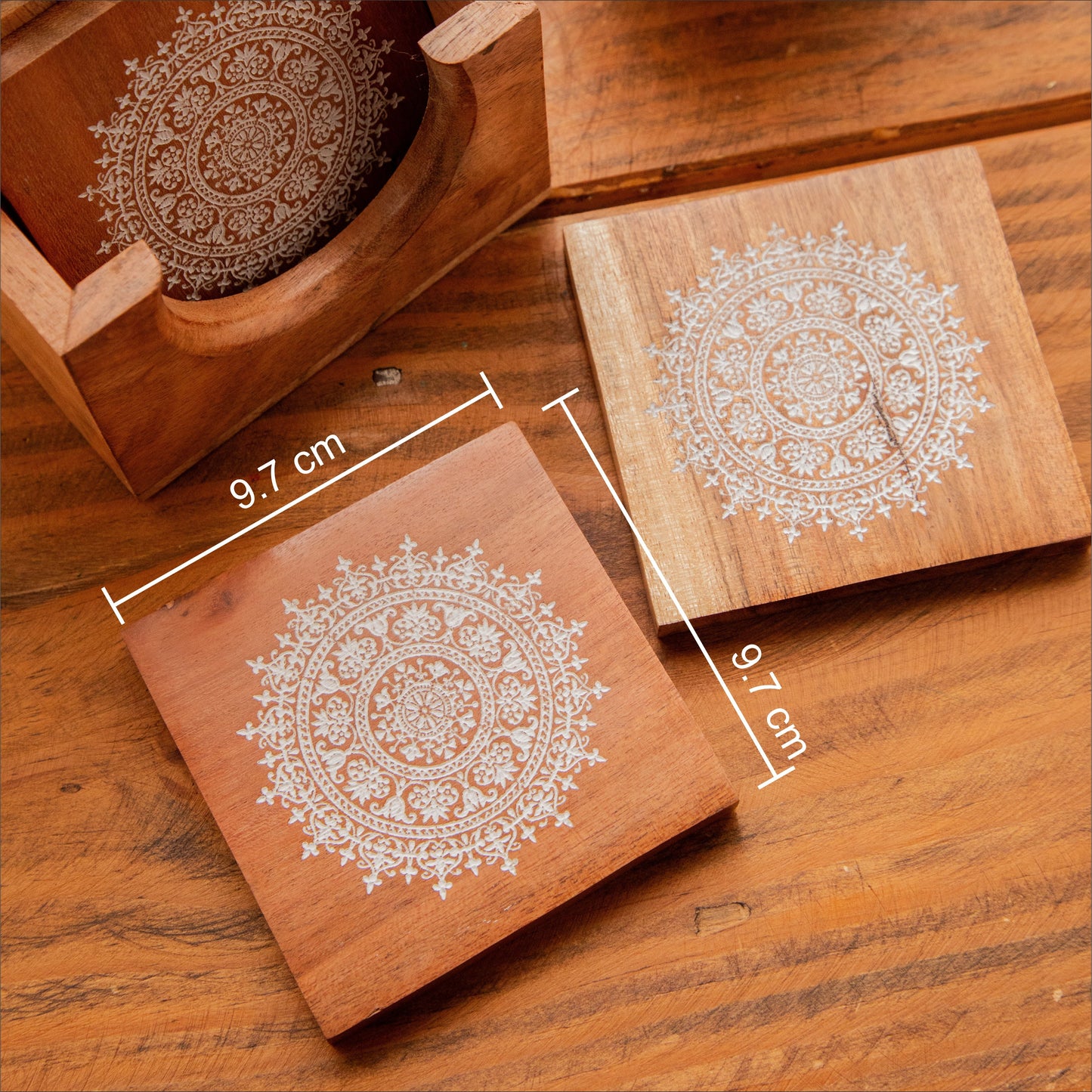 Serenity Mandala Sesham Wood Coasters with Holder – Handcrafted Set of 6 Pack of 6