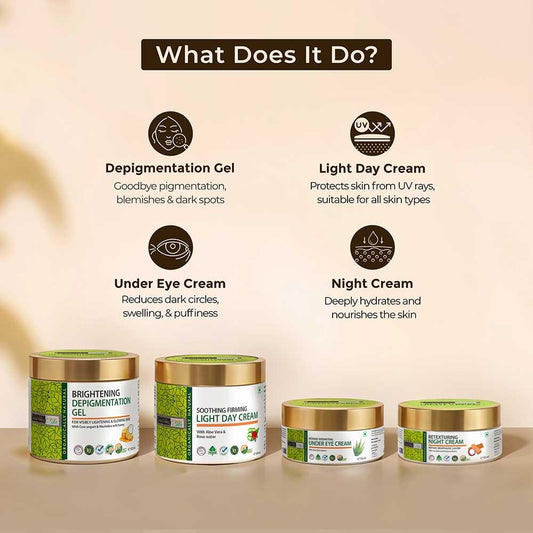 Complete Face Care Kit - Light Day Cream (100ml), Retexturing Night Cream (50ml), Under Eye Cream (50ml), With Brightening Depigmentation Gel (100ml) Combo For Nourished & Radiant Skin 100ml