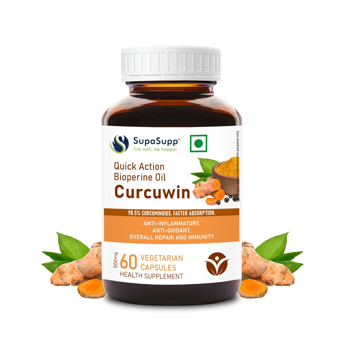 【Sri Sri Tattva】 Quick Action Bioperine Oil Curcuwin Health Supplement| クイックアクション バイオペリンオイル クルクウィン ヘルスサプリメント| 60ベジカプセル 500mg